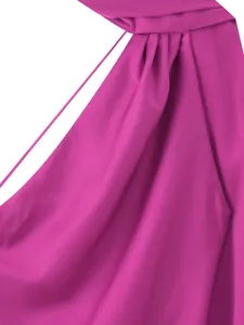 Detailed view of magenta halter dress in satin fabric with silky texture and folds
