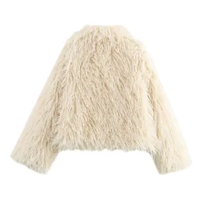 Back view of a shaggy cream faux fur jacket showing high-quality fiber texture.