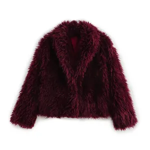 Elegant burgundy faux fur jacket with a soft shawl collar and plush texture details.