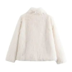 Back view of an elegant white faux fur coat with soft dense texture for winter.