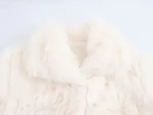 Close-up of soft white faux fur collar showing plush texture and lapel design.