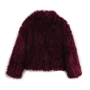 Detailed back view of a plush wine red faux fur coat with soft long shaggy hair texture
