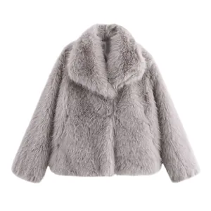 Detailed view of an elegant grey faux fur coat with oversized lapels for autumn winter