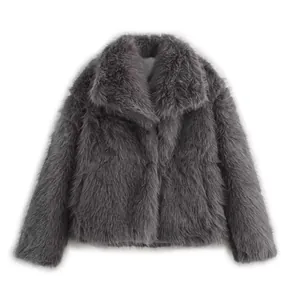 Detailed close-up view of the premium gray faux fur texture and large collar design