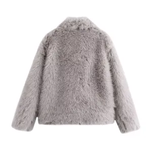 Rear view detail of elegant grey faux fur coat for women, fluffy winter outerwear