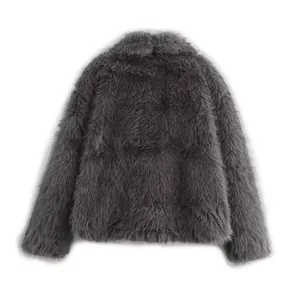 Detailed back view of an elegant grey faux fur coat with soft plush texture for winter