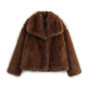 Detailed view of a brown faux fur coat showcasing soft plush texture and wide lapel