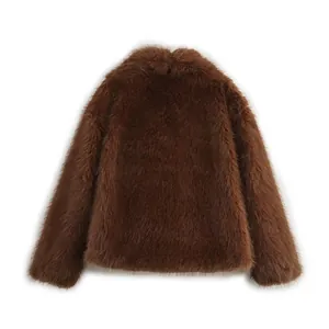 Back view of a plush brown faux fur coat with elegant hairy texture for winter