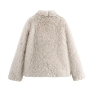 Close-up rear view of an elegant light beige faux fur coat with soft and fluffy texture