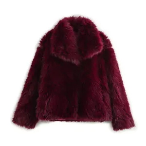Elegant burgundy faux fur coat with large lapel for autumn winter season collection