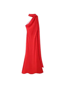 Elegant red halter neck satin maxi dress with asymmetrical drape detail for women