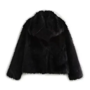 Detailed view of elegant black faux fur coat showing soft and thick winter texture detail