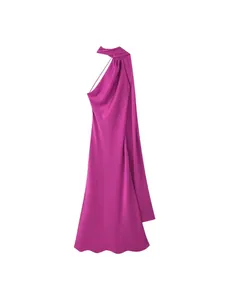 Elegant fuchsia halter neck satin maxi dress for women's spring summer fashion 2025 collection