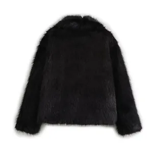 Detailed back view of an elegant black faux fur coat featuring a soft and plush texture.