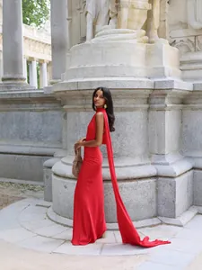 Elegant red satin halter maxi dress with long flowing cape scarf for women stylish design