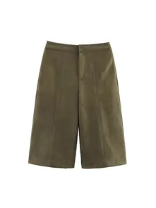 Short taille haute pour femme en texture daim vert olive