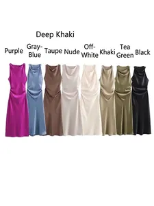 Women Elegant Satin Sleeveless Midi Dress Cowl Neck Ruched Side Slim Fit Cocktail Party Evening Fashion Summer Dress