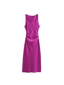 Elegant fuchsia satin sleeveless midi dress with draped neck and ruched waist