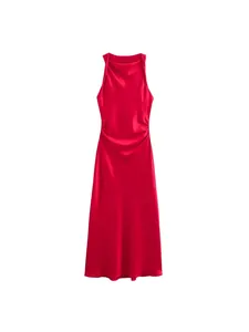 Elegant red satin sleeveless midi dress featuring a sophisticated draped cowl neckline