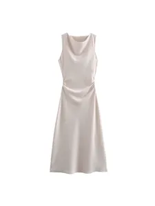 Elegant champagne silk satin sleeveless midi dress with cowl neck and ruching