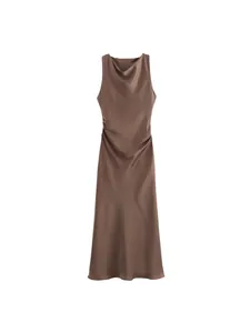 Elegant brown satin sleeveless midi dress with cowl neck and side draping