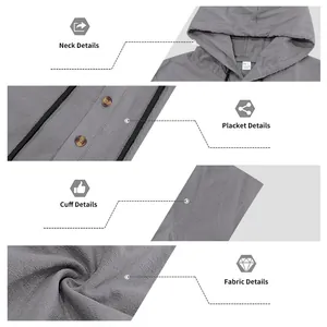 Macro view of the breathable linen fabric texture and hooded neck details on a men's set.