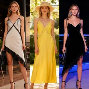 Collage showing sexy satin V-neck slip midi dresses in white, yellow, and black colors