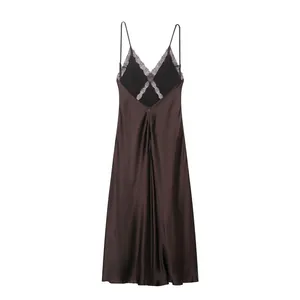 Back view of elegant satin V-neck midi dress with lace trim and spaghetti straps.