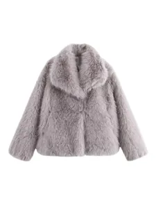 Elegant light purple faux fur coat for women, stylish winter jacket with notched lapel.