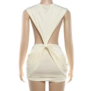 Detailed back view of a sexy cream ruched bodycon backless mini dress for women