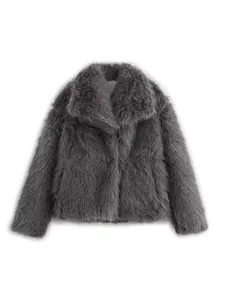 Elegant grey faux fur coat for women featuring a fluffy texture and a stylish lapel collar