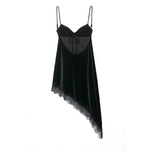 Sexy black satin slip dress back view featuring lace trim and asymmetric hemline