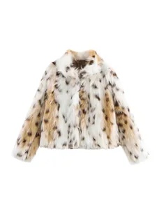 Elegant leopard print faux fur coat for women in soft white and tan tones main view