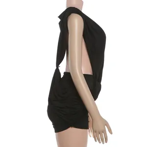 Side view of black ruched sleeveless bodycon dress with deep V-neckline
