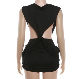 Back view of black sleeveless backless bodycon dress with twisted knot and ruched detailing