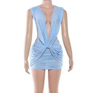 Front view detail of a sexy light blue deep V-neck ruched sleeveless bodycon mini dress