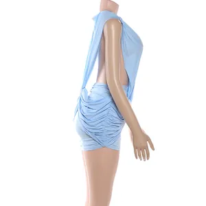 Side view of light blue ruched bodycon dress with sexy deep V-neck and sleeveless design.