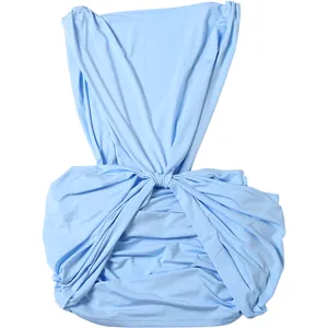 Light blue sleeveless deep V-neck bodycon mini dress with elegant ruching details.