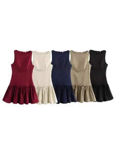 Abito Mini Pieghettato Senza Maniche con Girocollo da Donna Tinta Unita Decorazione con Fiocco Zip Posteriore Dolce Elegante Abito Corto Pullover