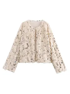 Elegante Jacke mit Rundhalsausschnitt, Pailletten und flauschiger Textur