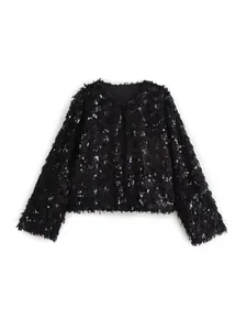 Elegante schwarze Paillettenjacke mit Rundhalsausschnitt und zotteliger Textur für Damen