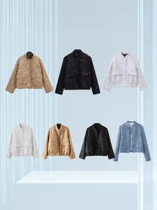 Women's Street Fashion Sequin Tweed Jacket Gold Silver Black Sequin Short Jacket Outerwear With Pockets Casual Loose Fit Top