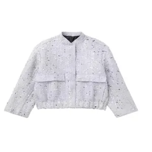Stylish women's grey tweed jacket with sparkly sequin embellishments and pockets