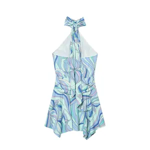 Mini-robe trapèze dos nu sans manches avec imprimé abstrait bleu et violet pour femme