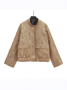 Stylish golden sequin jacket with pockets, elegant street fashion outerwear for women