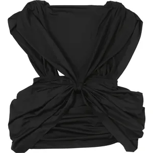 Front detail of a sexy black sleeveless bodycon dress with deep V-neck and pleated waist.