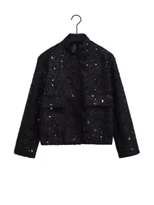 Stylish women's black sequin jacket featuring front pockets and a chic stand-up collar design.