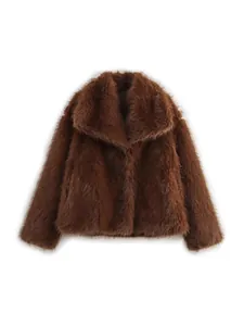 Fashionable brown faux fur jacket with stylish notched lapel for autumn and winter.