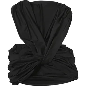 Front view of black sleeveless bodycon dress with deep V-neck and ruched details