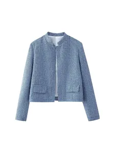 Elegant light blue sequin tweed jacket with open front and flap pockets for women